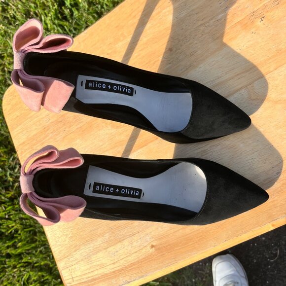 Alice + Olivia Black Velvet Pink Bow Stiletto Pumps Size 37 / US 6.5 - Picture 6 of 11
